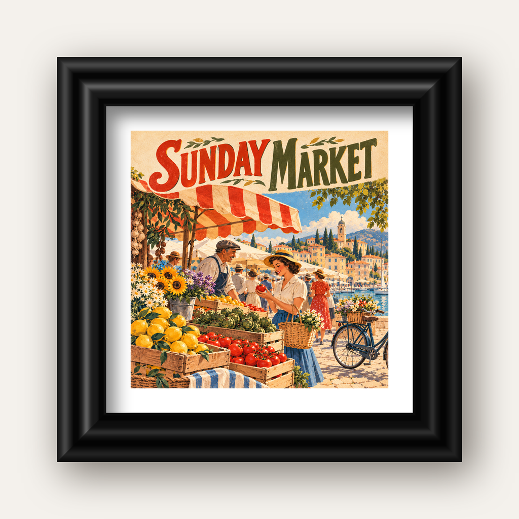 Sunday Market Vintage Pazar Yeri Afişi — siyah galeri çerçeveli paspartulu