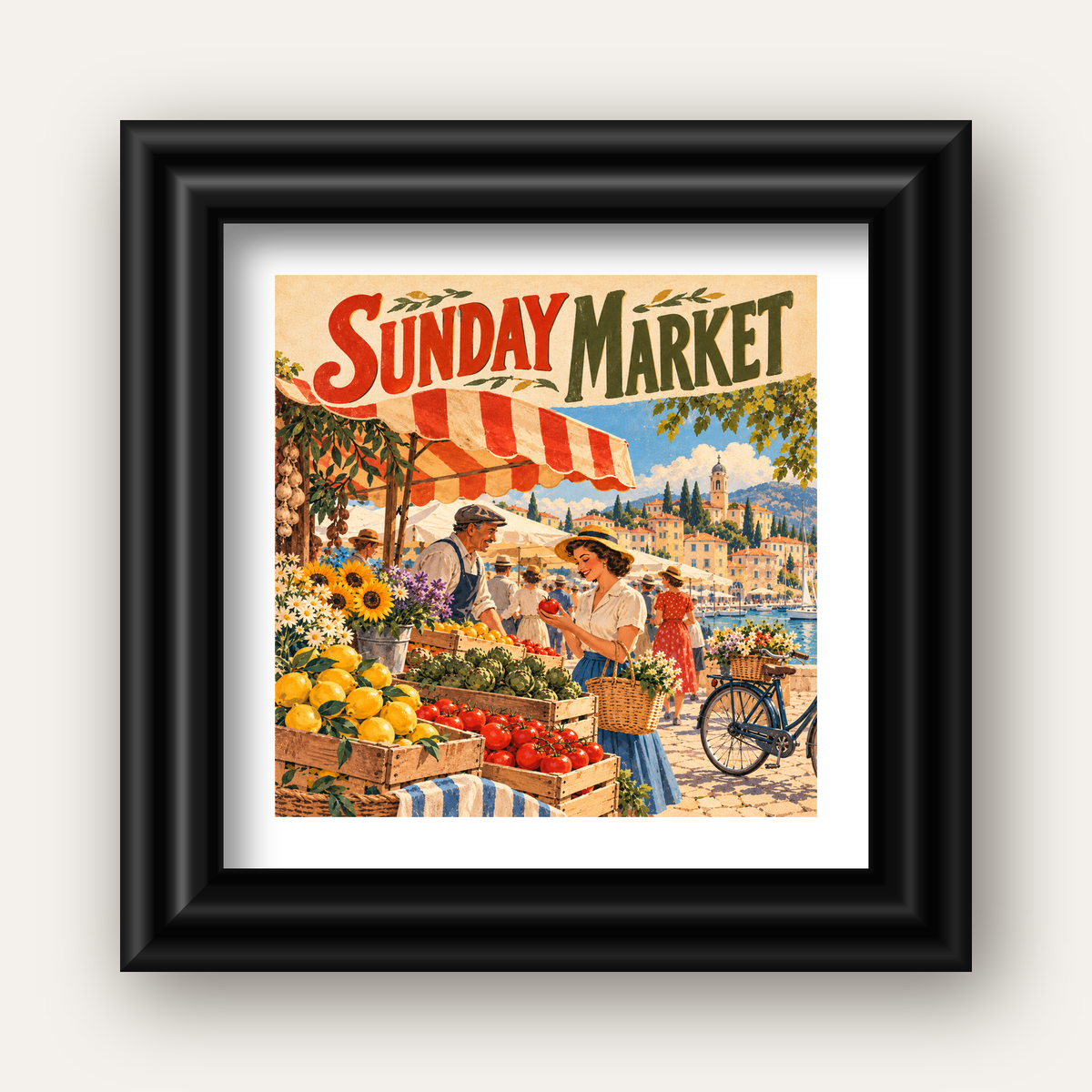 Sunday Market Vintage Pazar Yeri Afişi — siyah galeri çerçeveli paspartulu