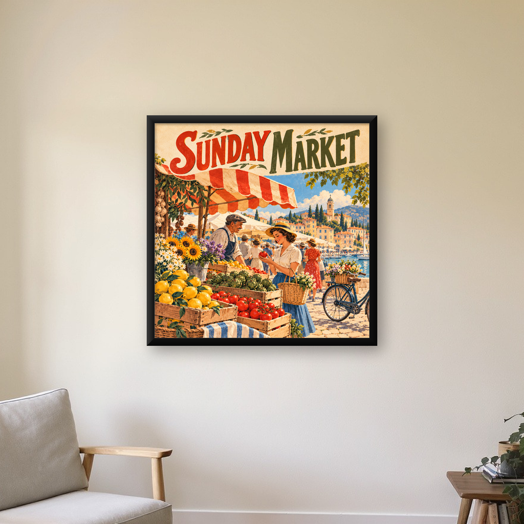 Retro Pazar Yeri İllüstrasyonu Renkli Duvar Posteri — Kare baskı, çerçeveli hâliyle bir ev duvarında