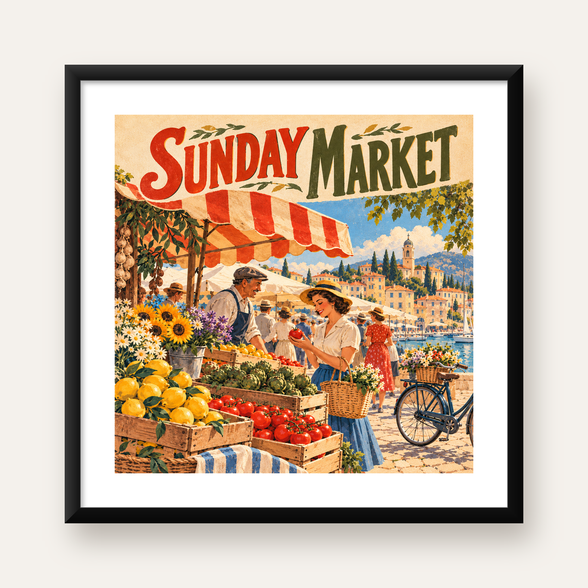 Retro Pazar Yeri İllüstrasyonu Renkli Duvar Posteri — Kare baskı, beyaz kenar boşluklu