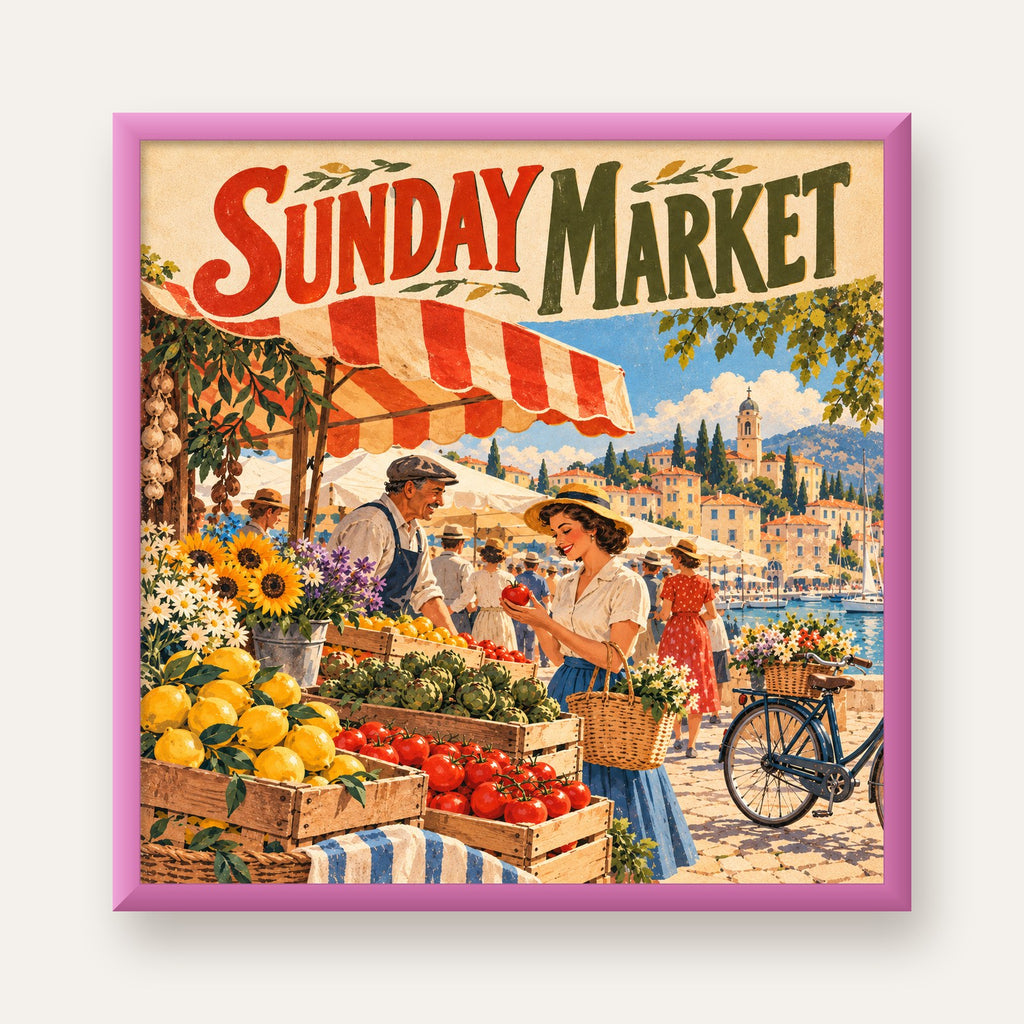 Sunday Market Vintage Pazar Yeri Afişi — pembe çerçeveli