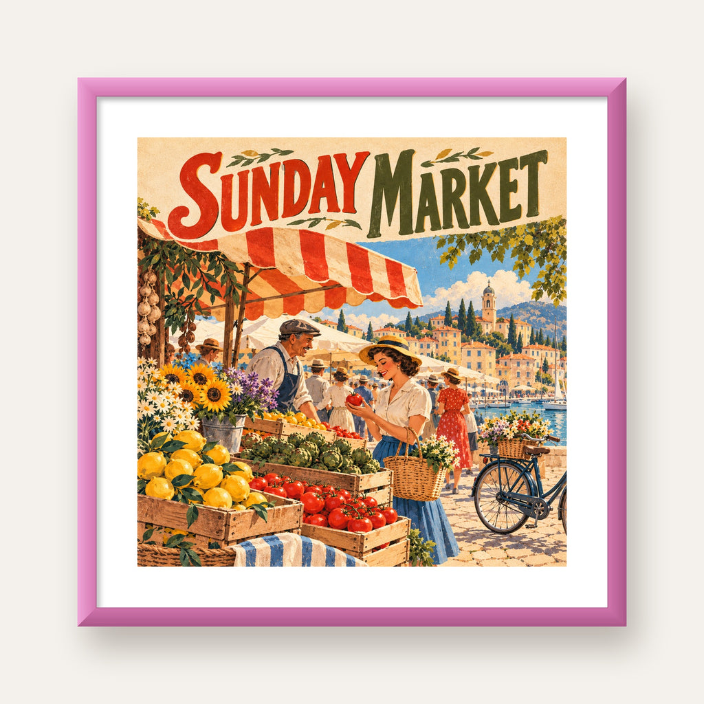 Sunday Market Vintage Pazar Yeri Afişi — pembe çerçeveli paspartulu