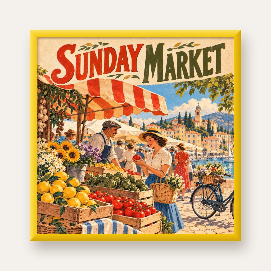 Sunday Market Vintage Pazar Yeri Afişi — sarı çerçeveli