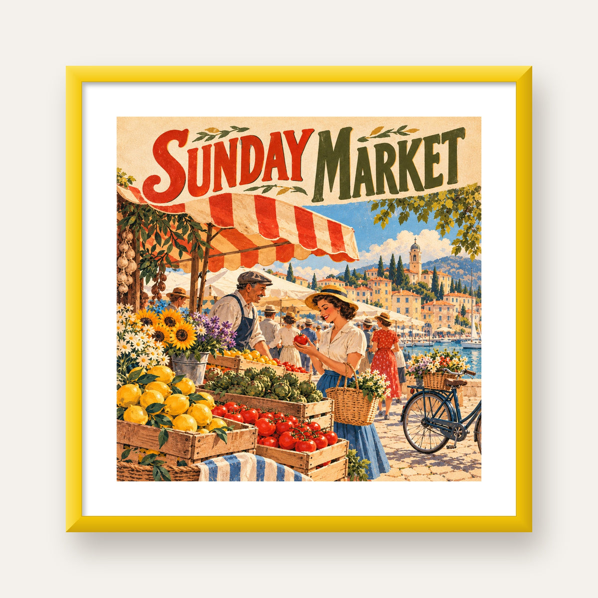 Sunday Market Vintage Pazar Yeri Afişi — sarı çerçeveli paspartulu