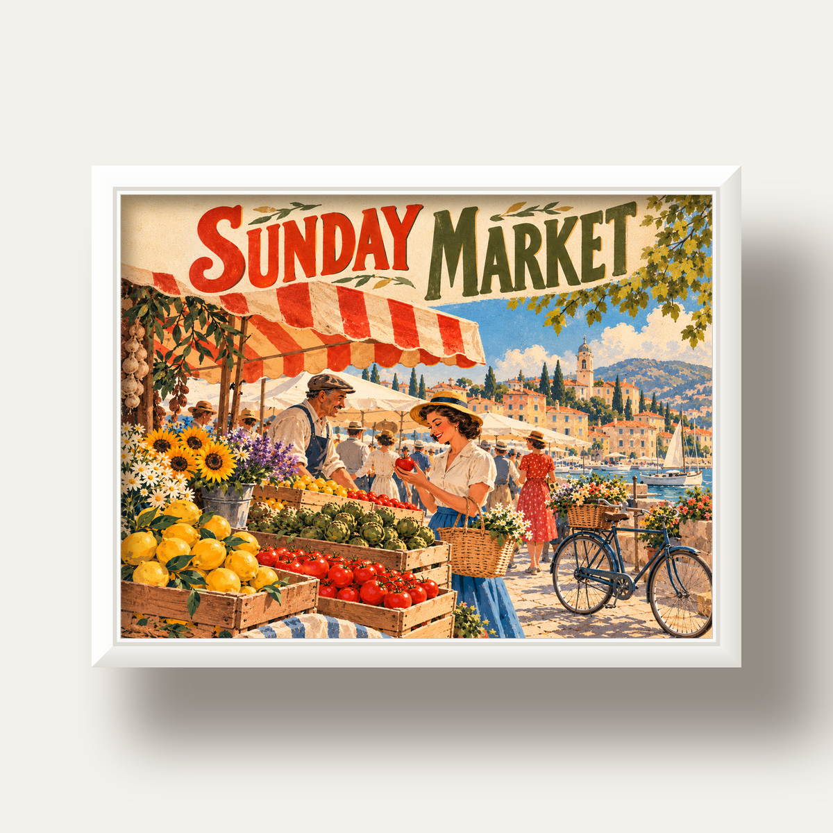 Sunday Market Vintage Pazar Yeri Afişi — beyaz derin çerçeveli