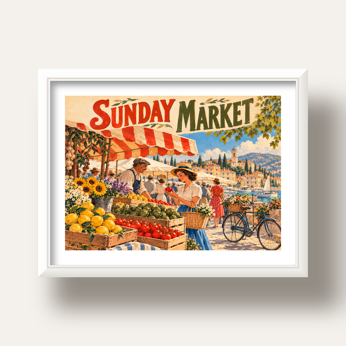 Sunday Market Vintage Pazar Yeri Afişi — beyaz derin çerçeveli paspartulu
