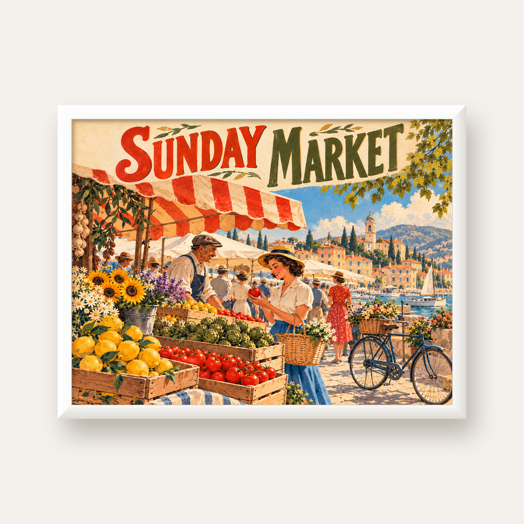 Sunday Market Vintage Pazar Yeri Afişi — beyaz çerçeveli yatay poster