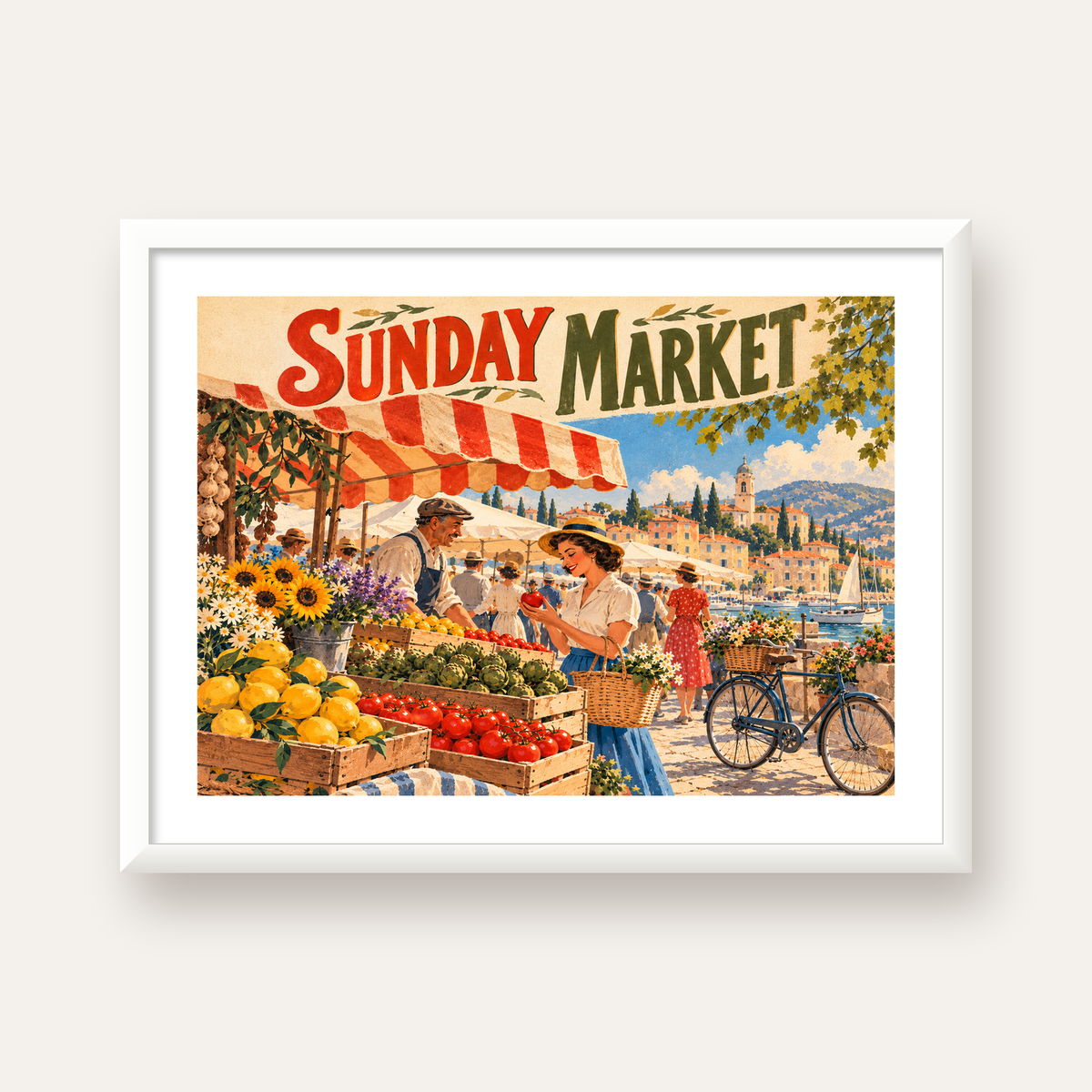 Sunday Market Vintage Pazar Yeri Afişi — beyaz çerçeveli yatay poster