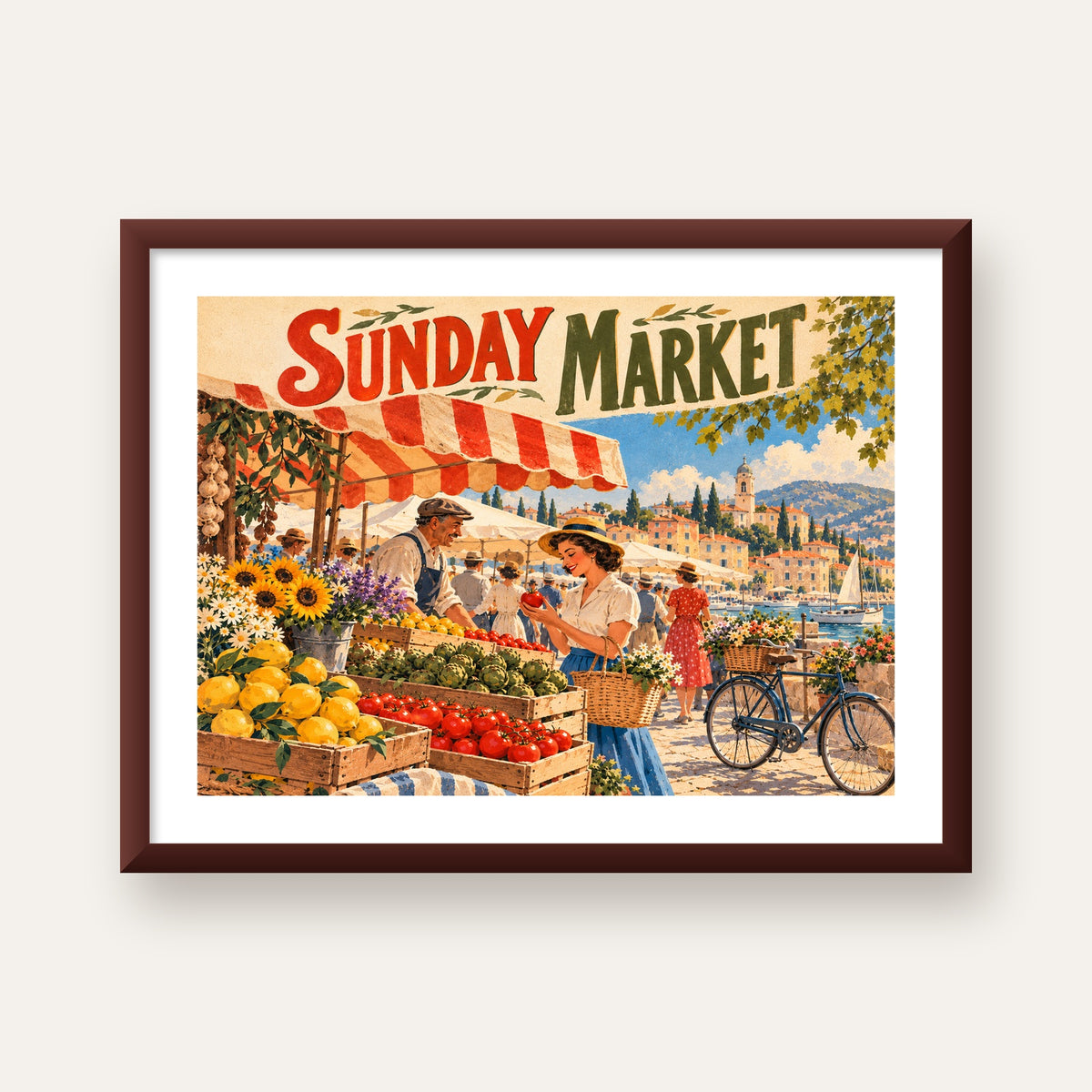Sunday Market Vintage Pazar Yeri Afişi — ceviz çerçeveli paspartulu