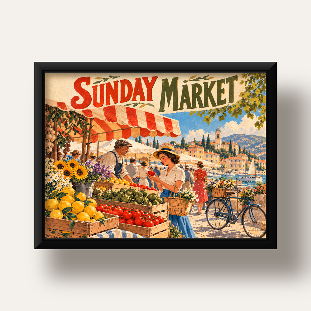 Sunday Market Vintage Pazar Yeri Afişi — siyah derin çerçeveli