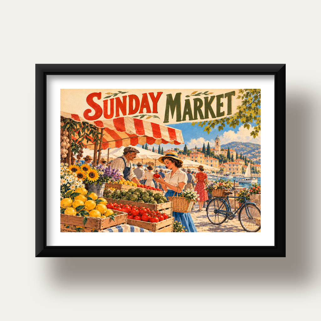 Sunday Market Vintage Pazar Yeri Afişi — siyah derin çerçeveli paspartulu