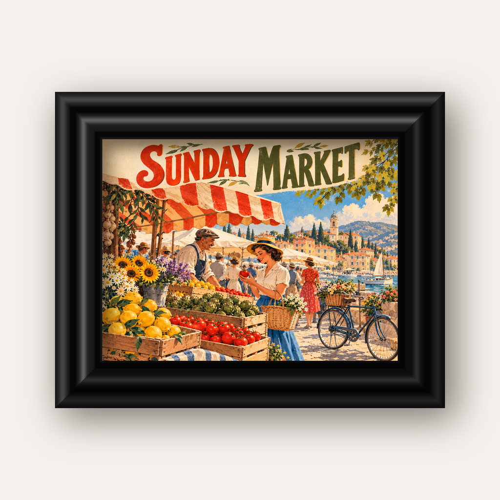 Sunday Market Vintage Pazar Yeri Afişi — siyah galeri çerçeveli