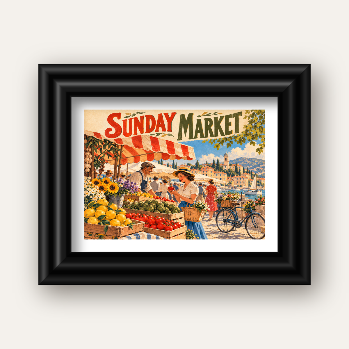 Sunday Market Vintage Pazar Yeri Afişi — siyah galeri çerçeveli paspartulu