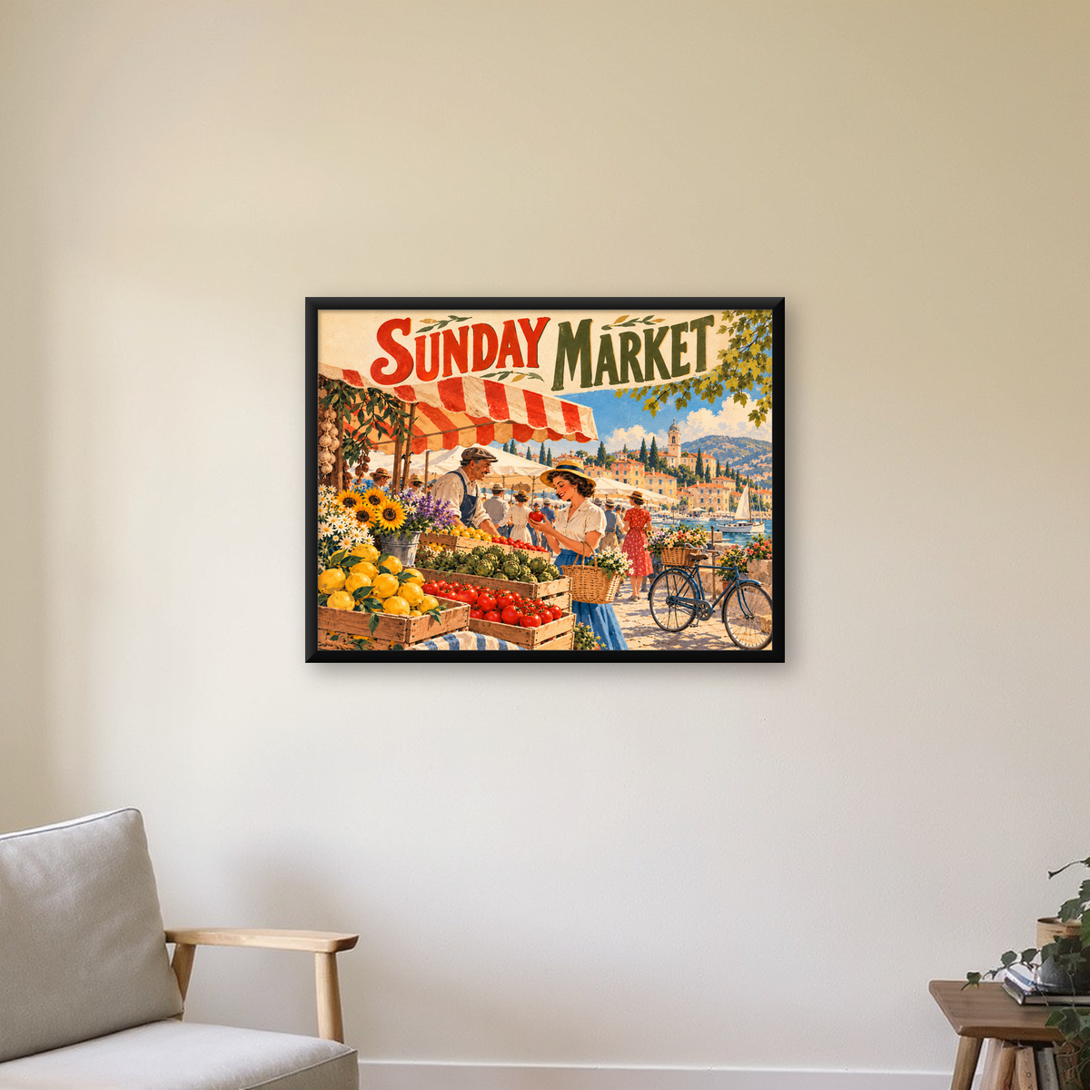 Retro Pazar Yeri İllüstrasyonu Renkli Duvar Posteri — Yatay baskı, çerçeveli hâliyle bir ev duvarında