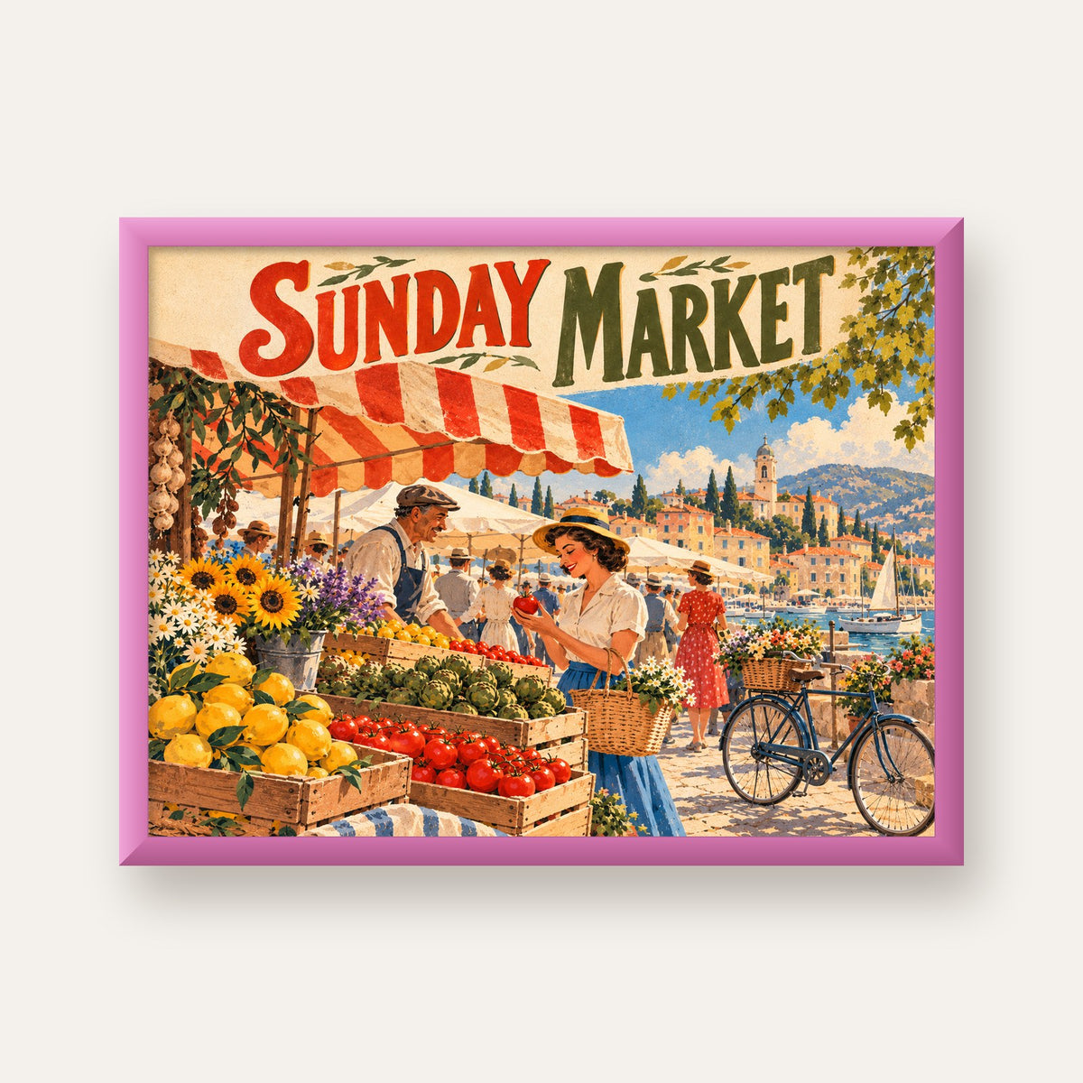 Sunday Market Vintage Pazar Yeri Afişi — pembe çerçeveli