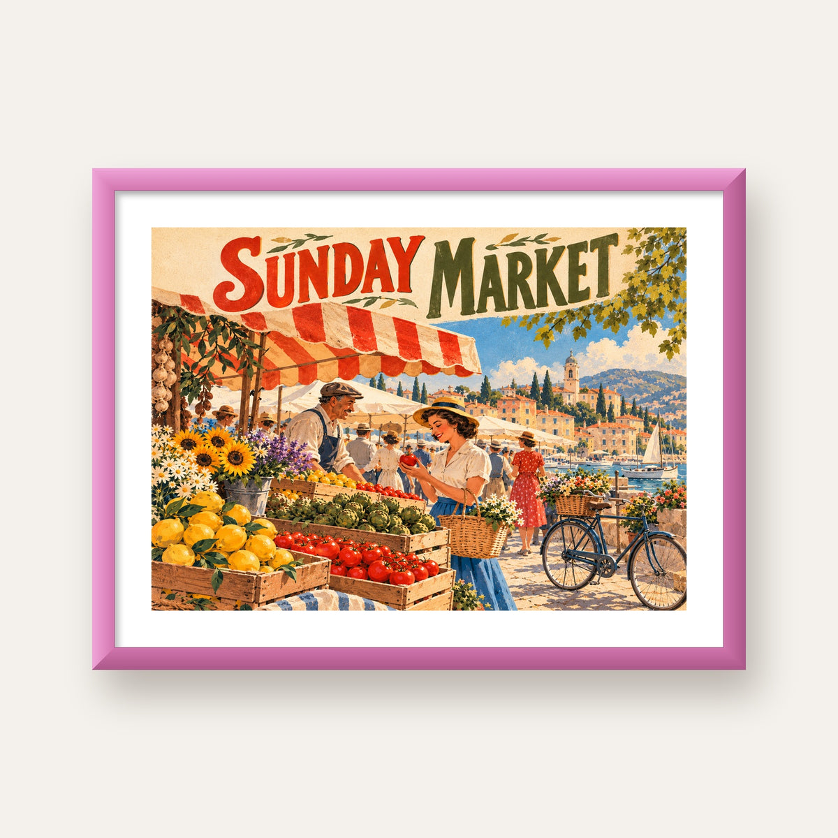 Sunday Market Vintage Pazar Yeri Afişi — pembe çerçeveli paspartulu