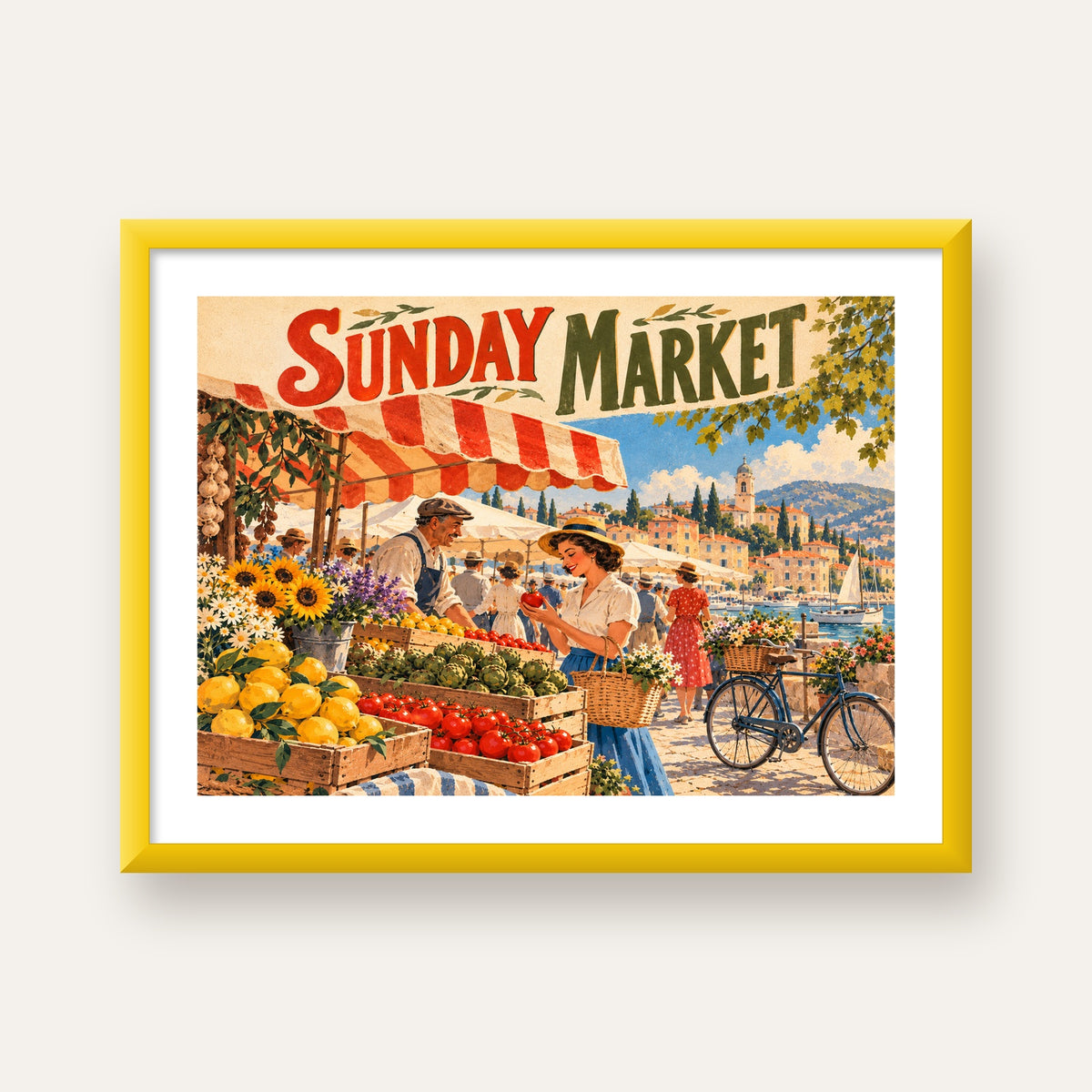 Sunday Market Vintage Pazar Yeri Afişi — sarı çerçeveli paspartulu