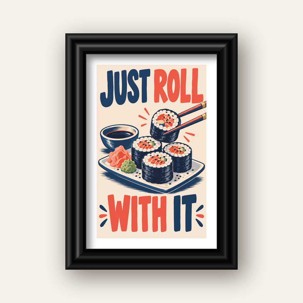 Just Roll With It – Sushi Temalı Mizahi Poster — siyah galeri çerçeveli paspartulu