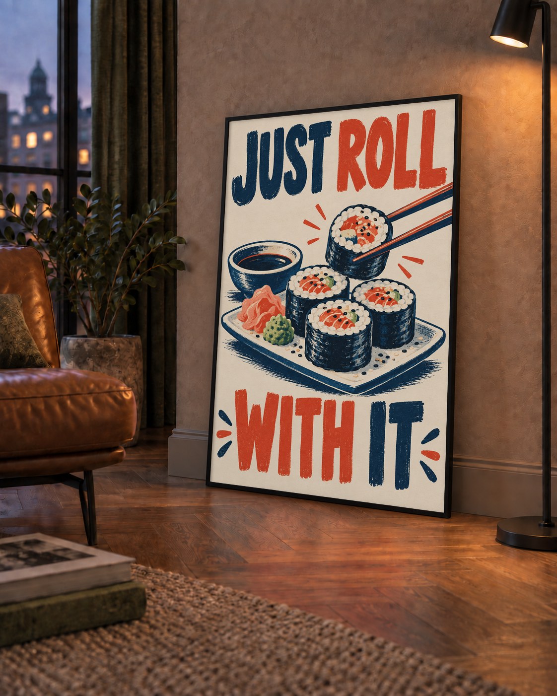 Just Roll With It – Sushi Temalı Mizahi Poster — çerçeveli hâliyle bir ev duvarında