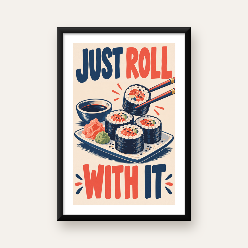 Just Roll With It – Sushi Temalı Mizahi Poster — beyaz paspartulu, düz siyah çerçeveli