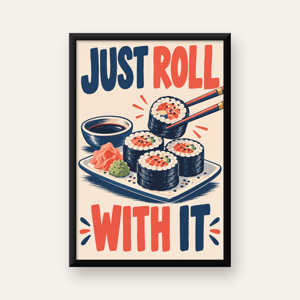 Just Roll With It – Sushi Temalı Mizahi Poster — düz siyah çerçeveli duvar posteri