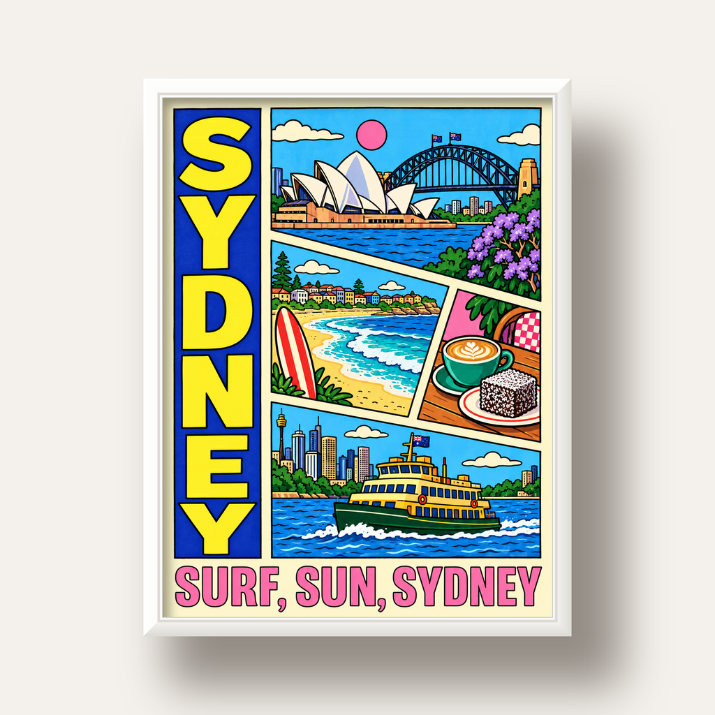 Sydney Temalı Retro Çizgi Roman Poster – Renkli Duvar Dekoru — beyaz derin çerçeveli