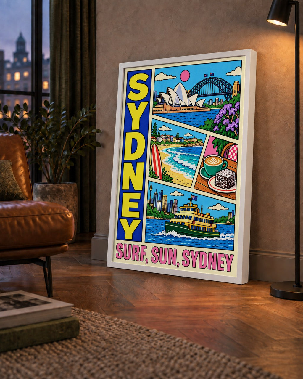Sydney Temalı Retro Çizgi Roman Poster – Renkli Duvar Dekoru — çerçeveli hâliyle bir ev duvarında