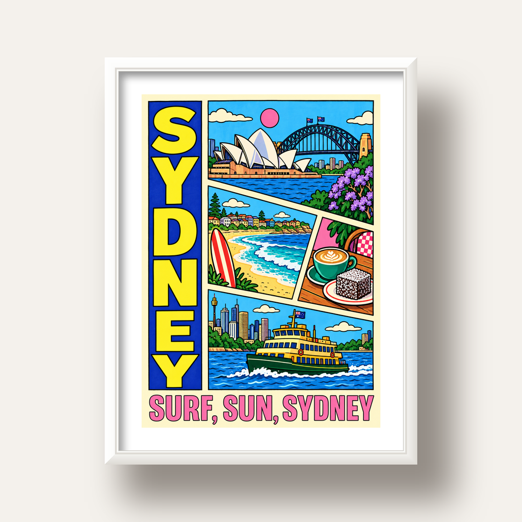 Sydney Temalı Retro Çizgi Roman Poster – Renkli Duvar Dekoru — beyaz derin çerçeveli paspartulu