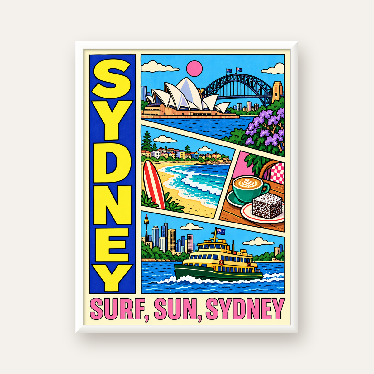 Sydney Temalı Retro Çizgi Roman Poster – Renkli Duvar Dekoru — beyaz çerçeveli dikey poster