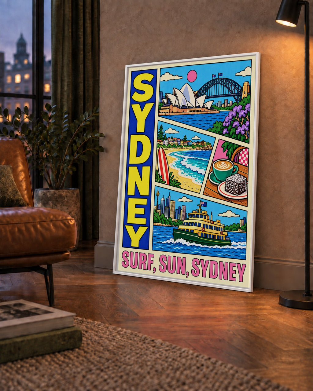 Sydney Temalı Retro Çizgi Roman Poster – Renkli Duvar Dekoru — çerçeveli hâliyle bir ev duvarında