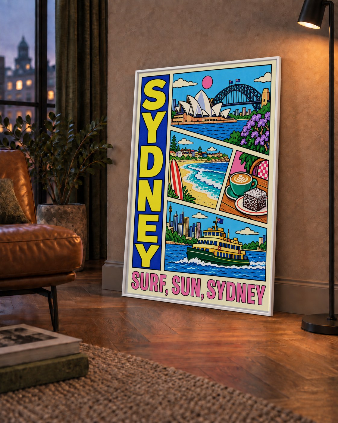 Sydney Temalı Retro Çizgi Roman Poster – Renkli Duvar Dekoru — çerçeveli hâliyle bir ev duvarında