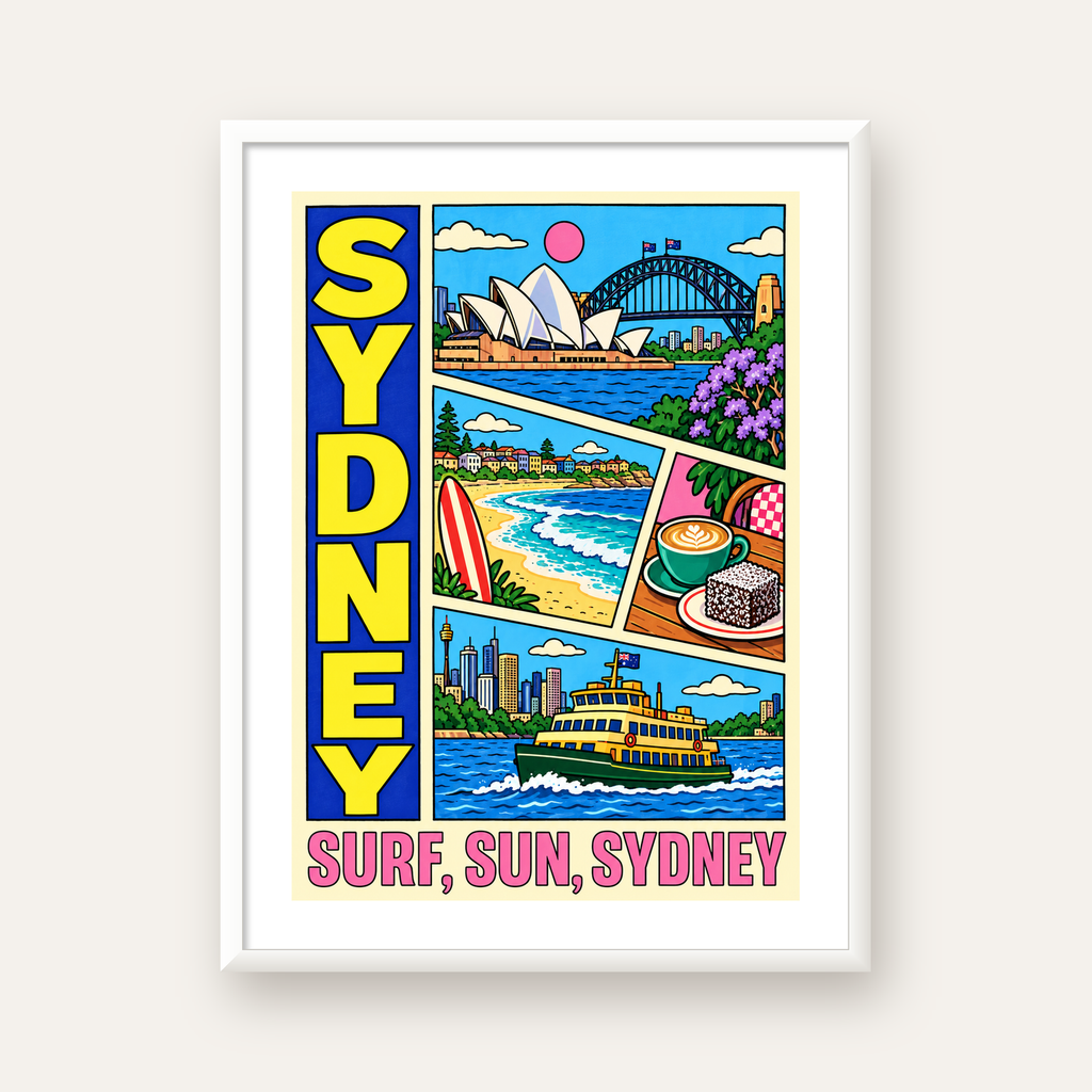 Sydney Temalı Retro Çizgi Roman Poster – Renkli Duvar Dekoru — beyaz çerçeveli dikey poster