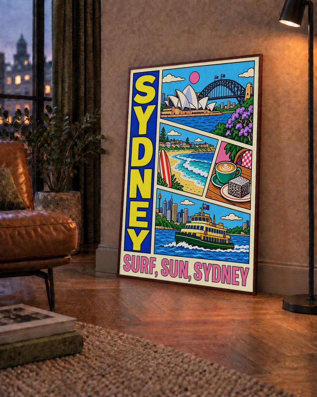 Sydney Temalı Retro Çizgi Roman Poster – Renkli Duvar Dekoru — çerçeveli hâliyle bir ev duvarında