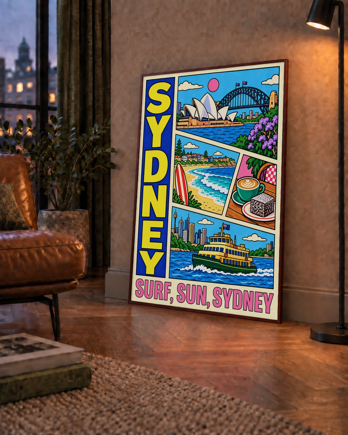 Sydney Temalı Retro Çizgi Roman Poster – Renkli Duvar Dekoru — çerçeveli hâliyle bir ev duvarında