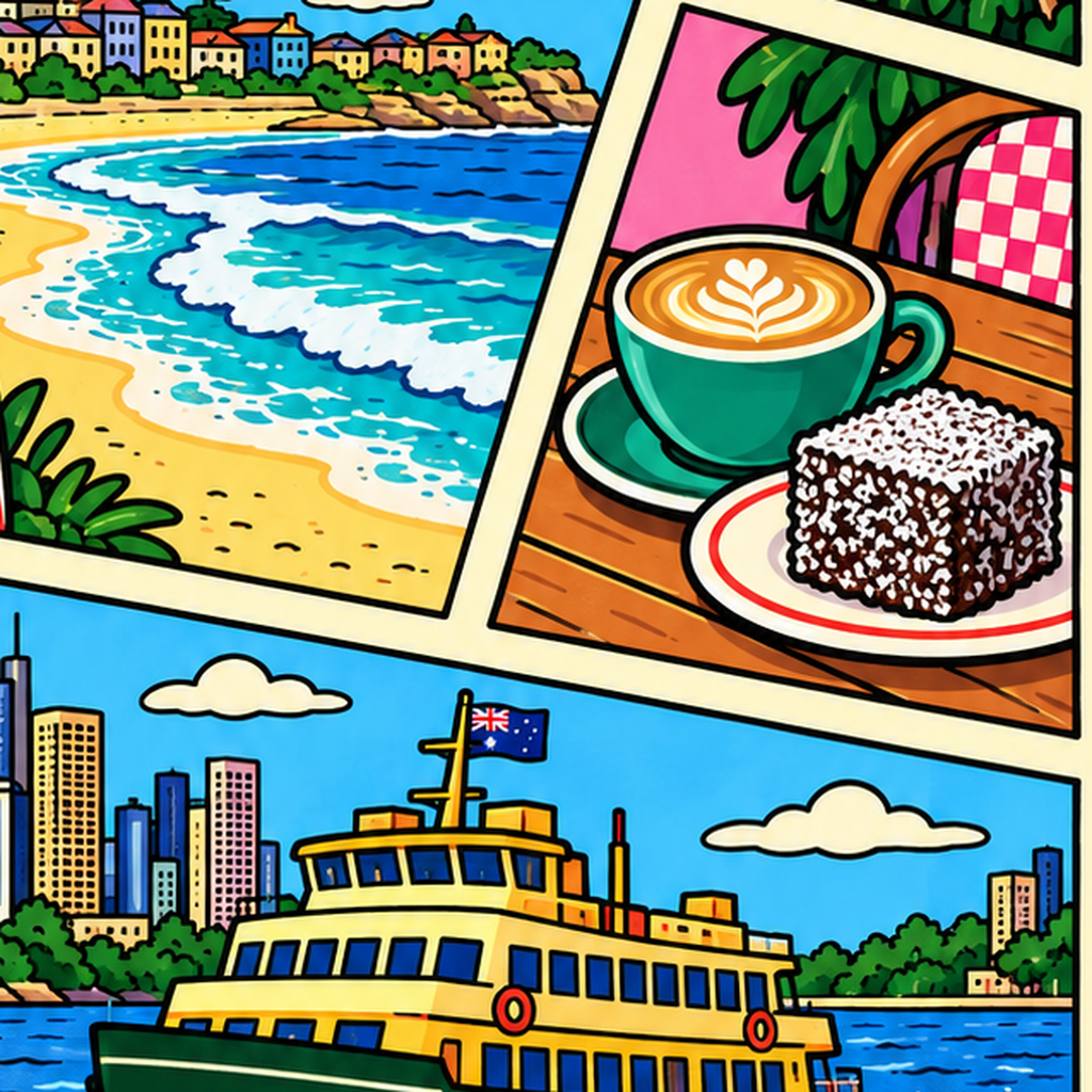 Sydney Temalı Retro Çizgi Roman Poster – Renkli Duvar Dekoru — baskının yakın çekimi, kâğıt dokusu ve renk detayı