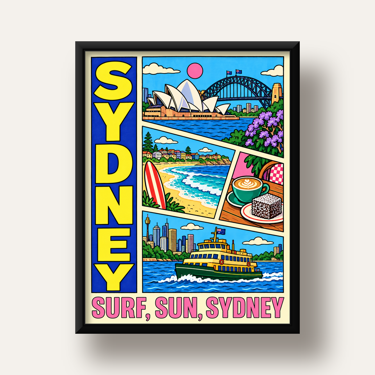 Sydney Temalı Retro Çizgi Roman Poster – Renkli Duvar Dekoru — siyah derin çerçeveli
