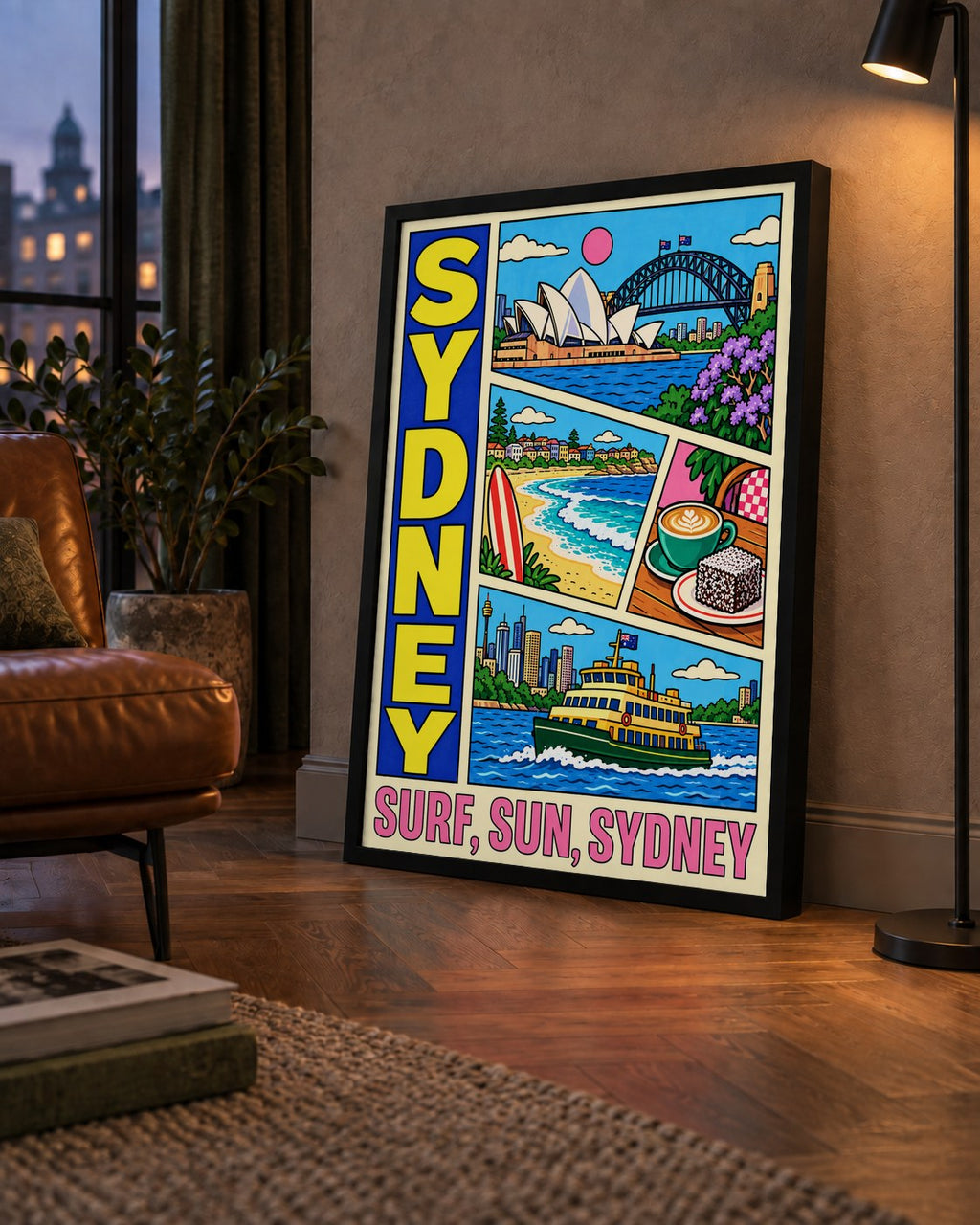 Sydney Temalı Retro Çizgi Roman Poster – Renkli Duvar Dekoru — çerçeveli hâliyle bir ev duvarında