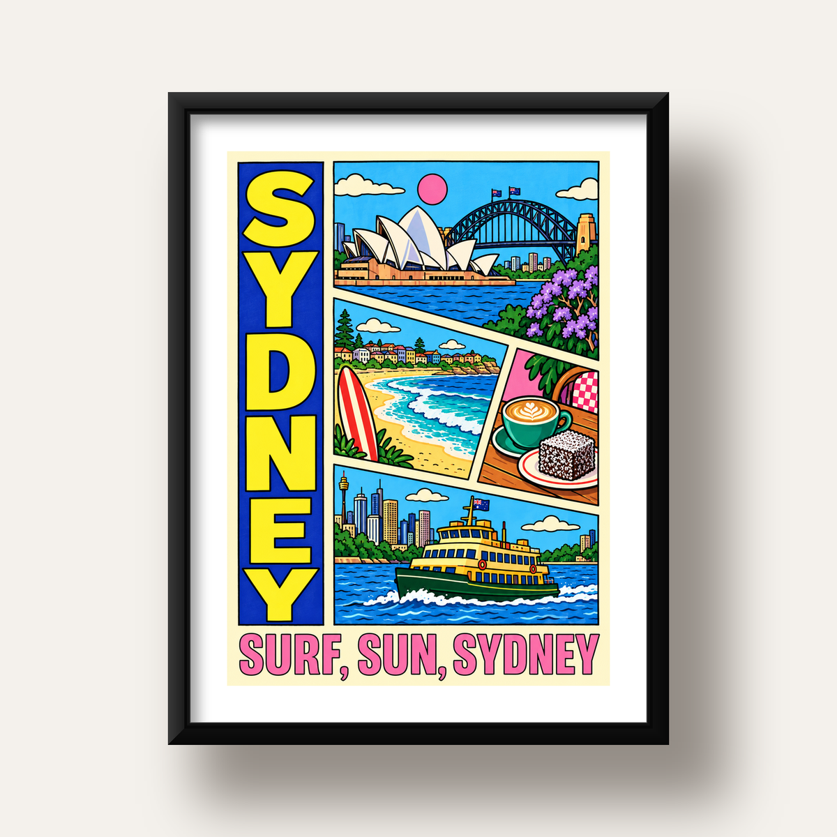 Sydney Temalı Retro Çizgi Roman Poster – Renkli Duvar Dekoru — siyah derin çerçeveli paspartulu