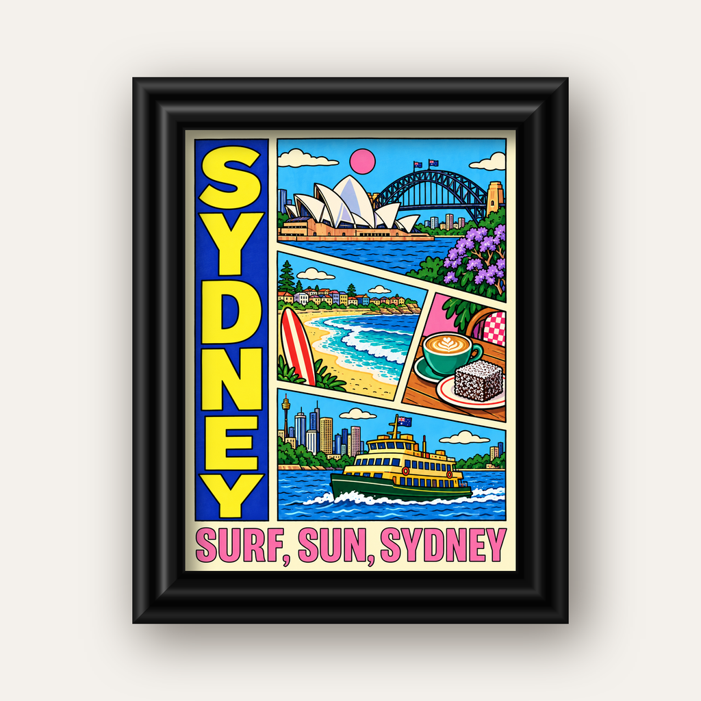 Sydney Temalı Retro Çizgi Roman Poster – Renkli Duvar Dekoru — siyah galeri çerçeveli