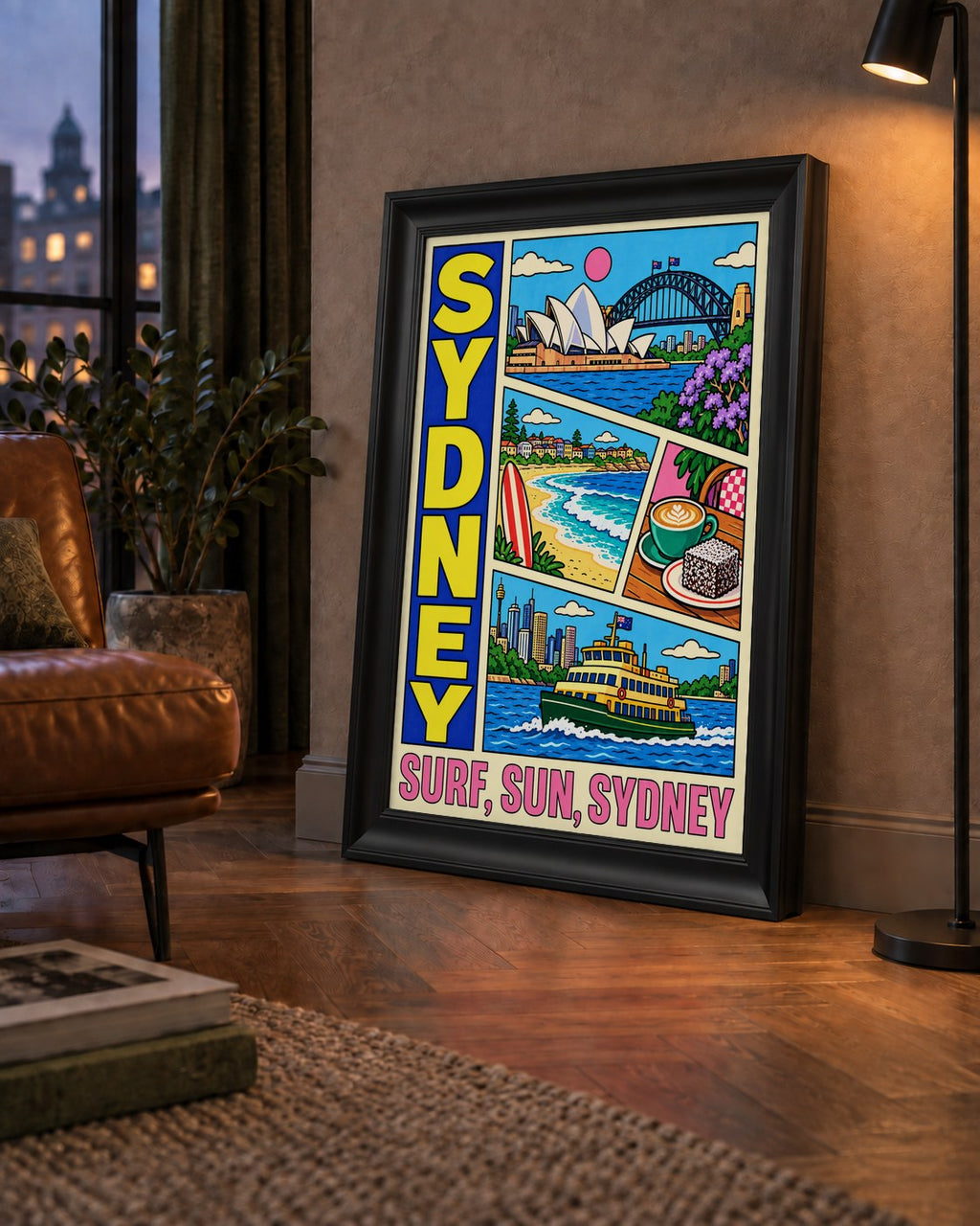Sydney Temalı Retro Çizgi Roman Poster – Renkli Duvar Dekoru — çerçeveli hâliyle bir ev duvarında