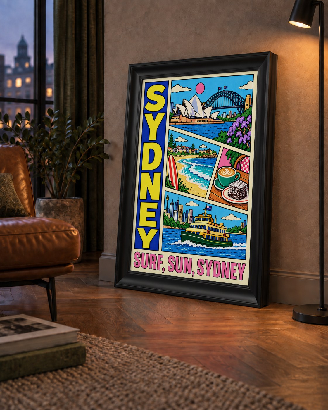 Sydney Temalı Retro Çizgi Roman Poster – Renkli Duvar Dekoru — çerçeveli hâliyle bir ev duvarında