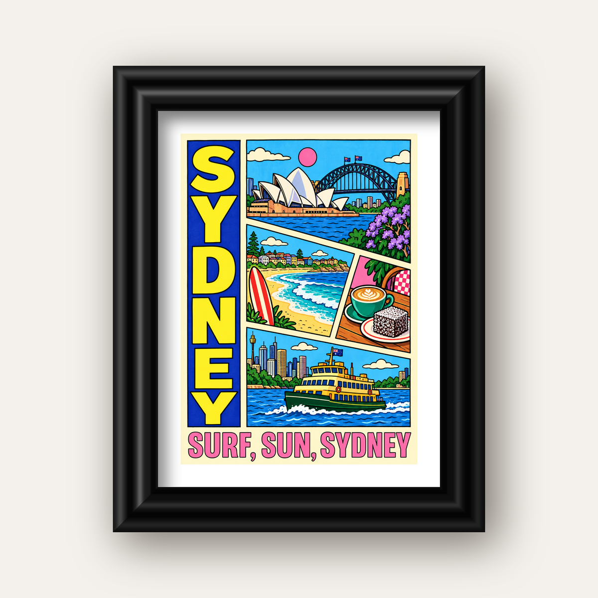 Sydney Temalı Retro Çizgi Roman Poster – Renkli Duvar Dekoru — siyah galeri çerçeveli paspartulu