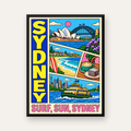 Sydney Temalı Retro Çizgi Roman Poster – Renkli Duvar Dekoru — Dikey baskı, düz siyah çerçeveli duvar posteri