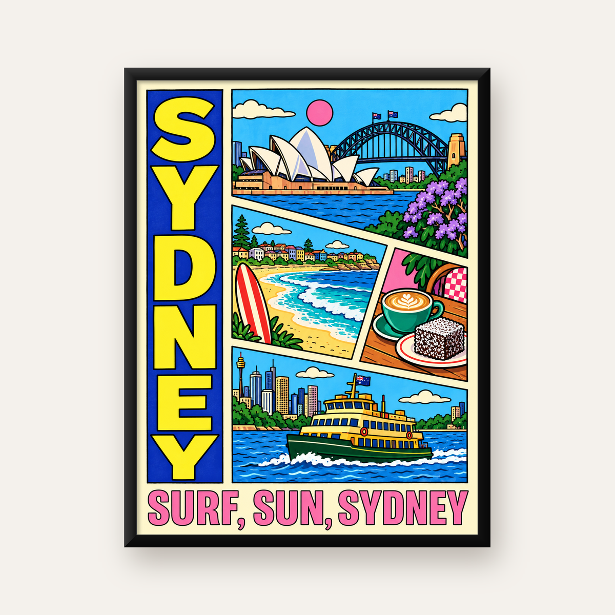Sydney Temalı Retro Çizgi Roman Poster – Renkli Duvar Dekoru — Dikey baskı, düz siyah çerçeveli duvar posteri