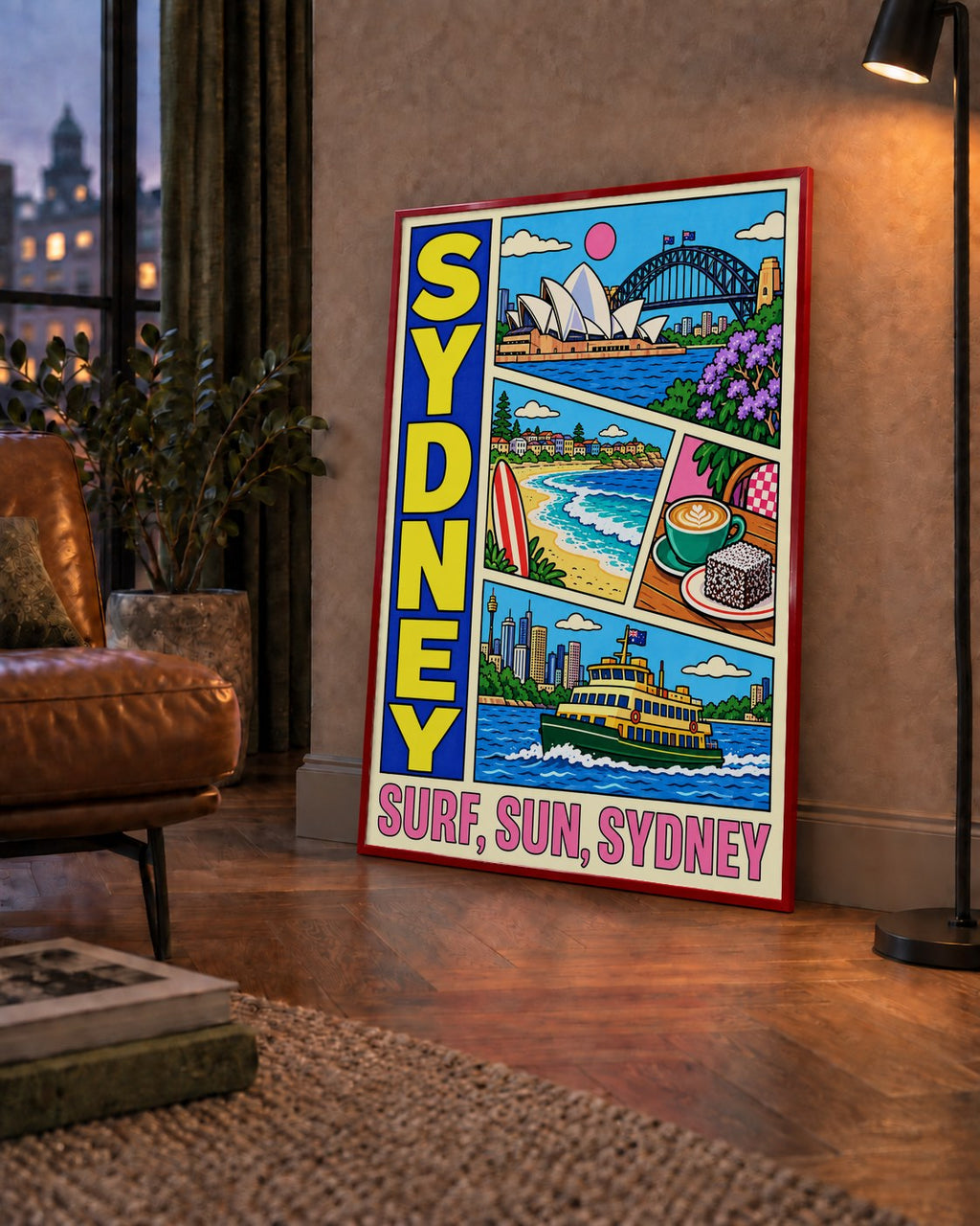 Sydney Temalı Retro Çizgi Roman Poster – Renkli Duvar Dekoru — çerçeveli hâliyle bir ev duvarında
