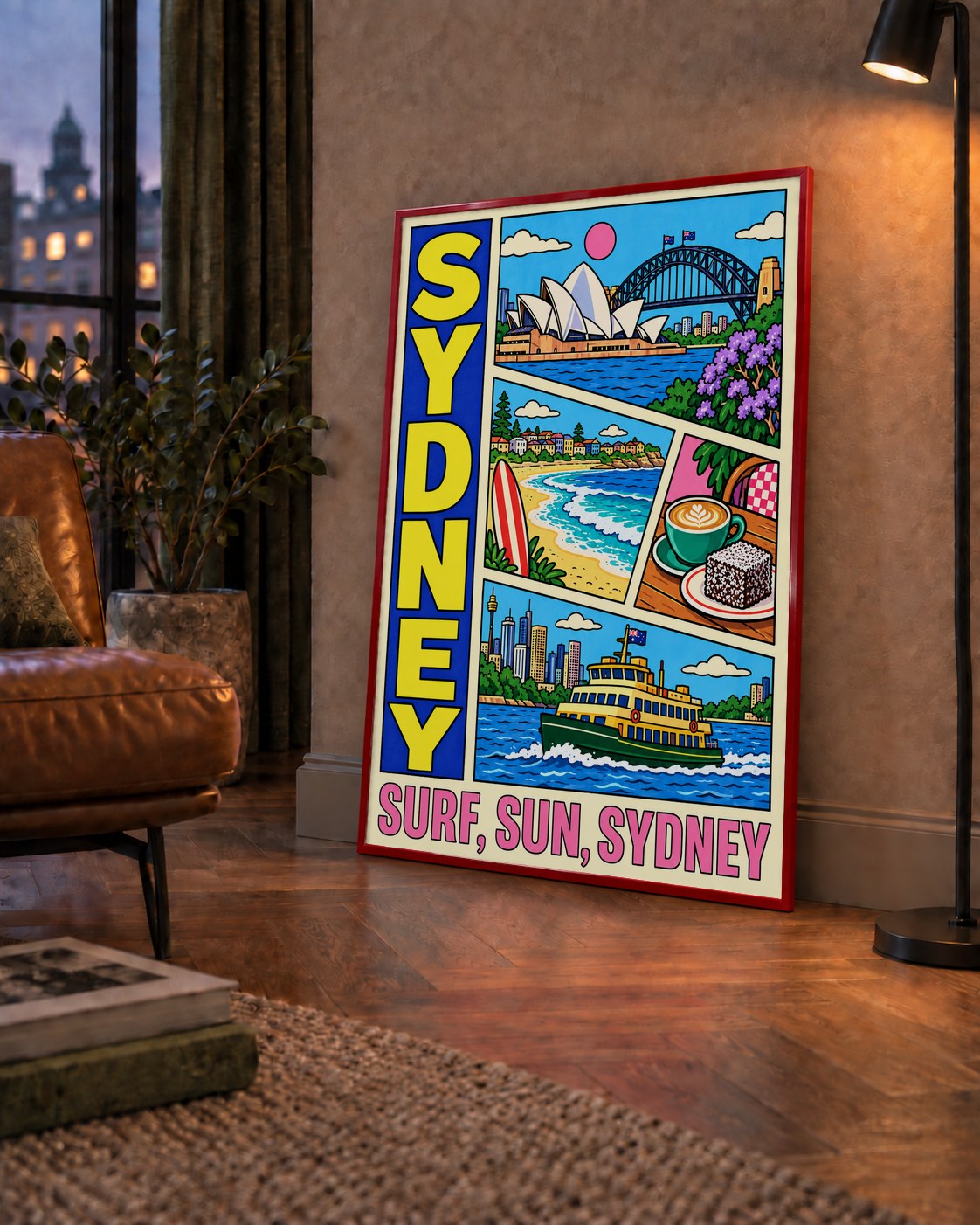 Sydney Temalı Retro Çizgi Roman Poster – Renkli Duvar Dekoru — çerçeveli hâliyle bir ev duvarında