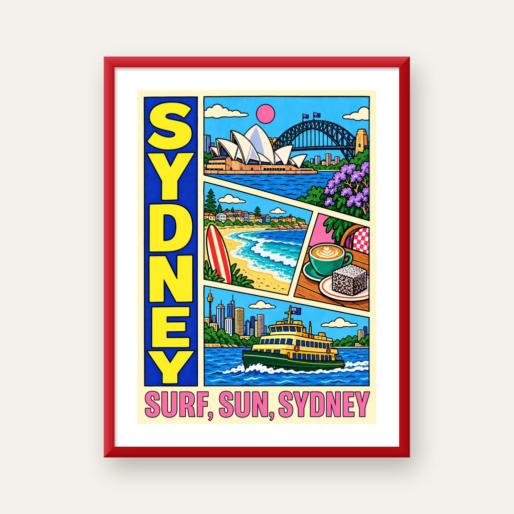 Sydney Temalı Retro Çizgi Roman Poster – Renkli Duvar Dekoru — kırmızı çerçeveli paspartulu