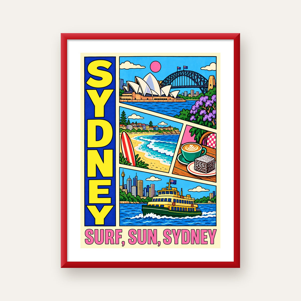 Sydney Temalı Retro Çizgi Roman Poster – Renkli Duvar Dekoru — kırmızı çerçeveli paspartulu