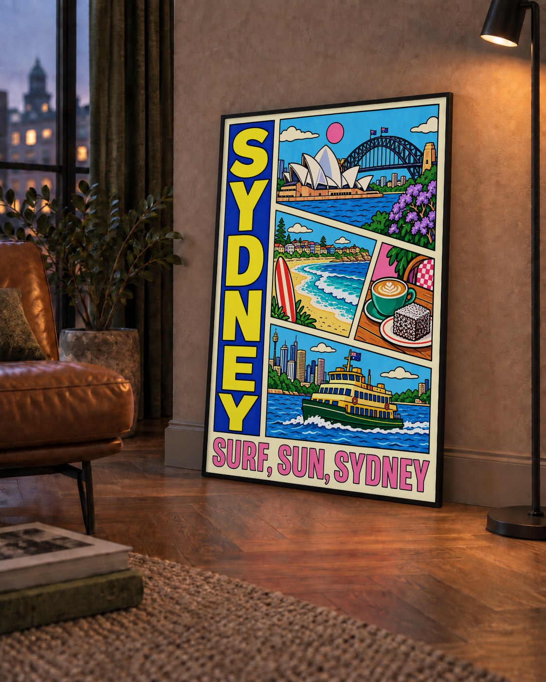 Sydney Temalı Retro Çizgi Roman Poster – Renkli Duvar Dekoru — çerçeveli hâliyle bir ev duvarında