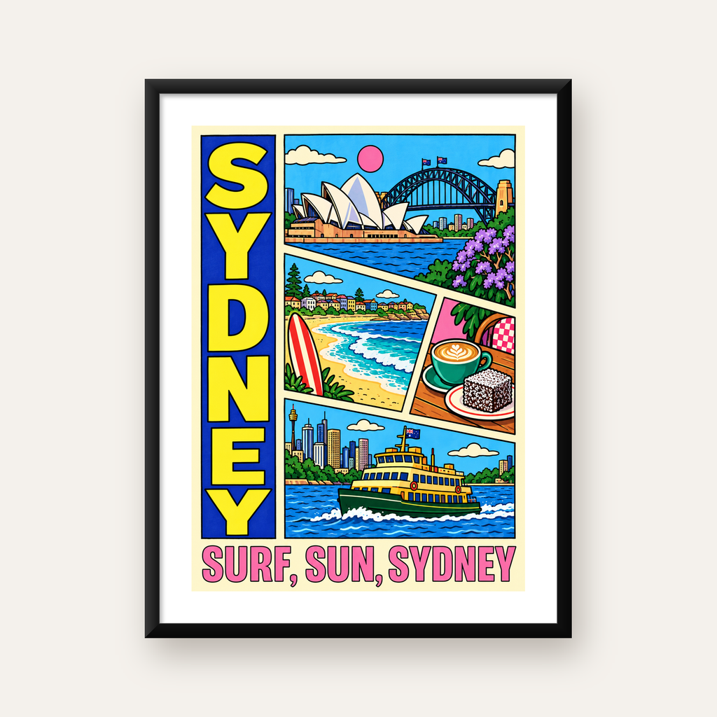 Sydney Temalı Retro Çizgi Roman Poster – Renkli Duvar Dekoru — Dikey baskı, beyaz paspartulu